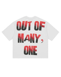 Godspeed Fate's Doorstep Tee snow, back view with red and black OUT OF MANY, ONE lettering