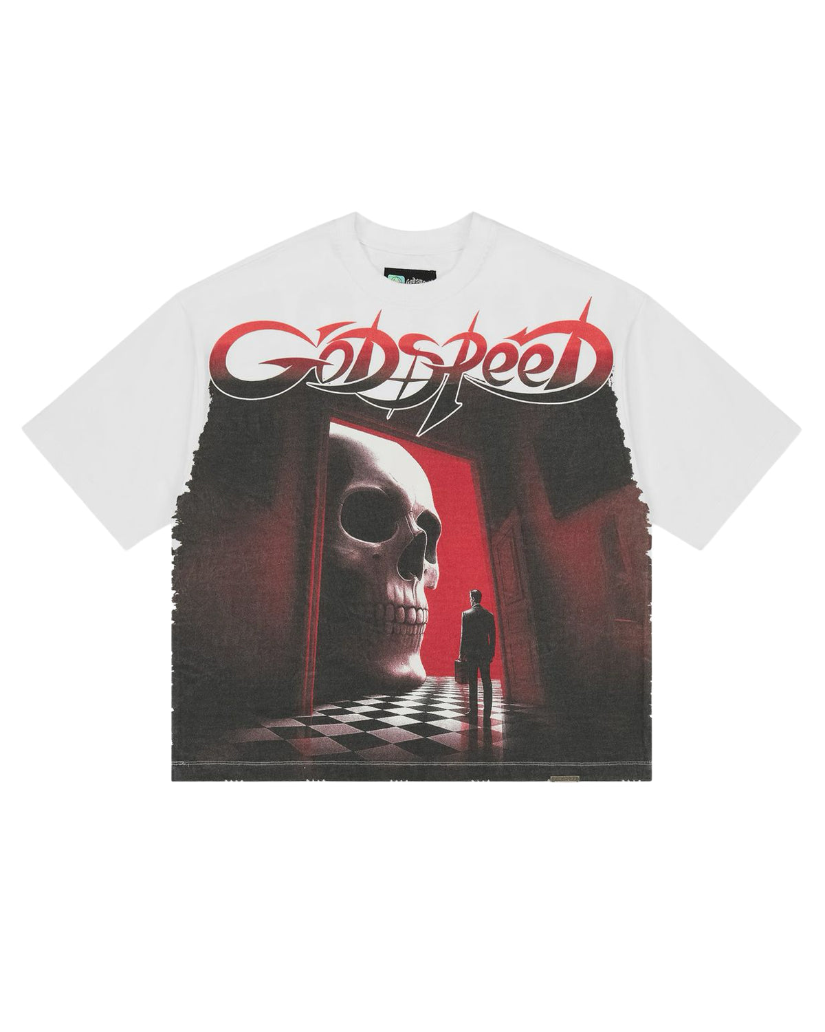 Godspeed Fate's Doorstep Tee snow, T-shirt with red-lit skull doorway graphic, front view