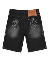 Godspeed Femur Frayed Denim Shorts Black, back view showing the rear pockets and bone appliqué seams