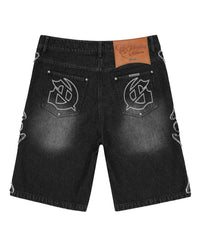 Godspeed Femur Frayed Denim Shorts Black, back view showing the rear pockets and bone appliqué seams