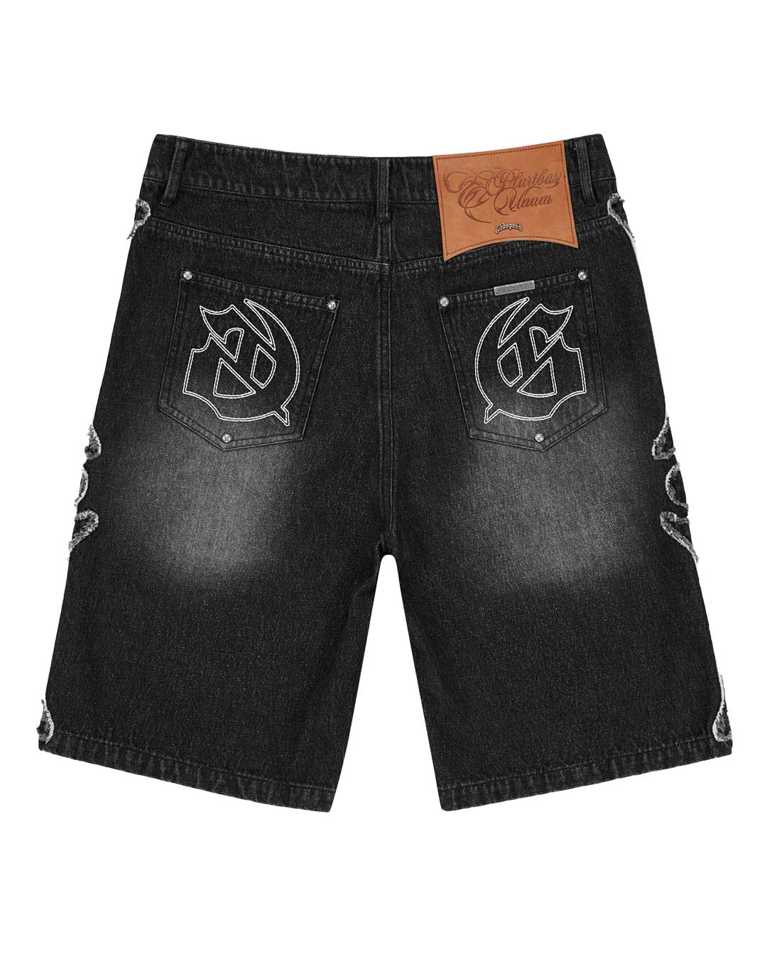 Godspeed Femur Frayed Denim Shorts Black, back view showing the rear pockets and bone appliqué seams
