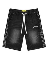 Godspeed Femur Frayed Denim Shorts Black, washed black denim shorts with frayed bone appliqués down the side seams and a white drawstring, front view
