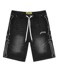 Godspeed Femur Frayed Denim Shorts Black, washed black denim shorts with frayed bone appliqués down the side seams and a white drawstring, front view