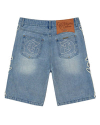 Godspeed Femur Frayed Denim Shorts Blue, back view showing the rear pockets and bone appliqué seams