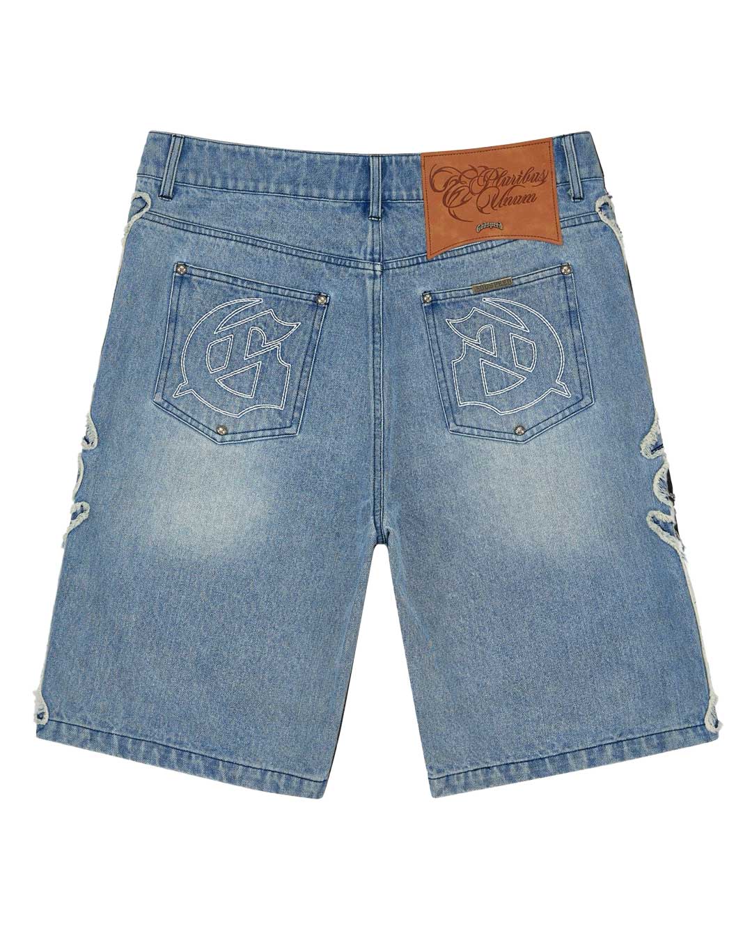 Godspeed Femur Frayed Denim Shorts Blue, back view showing the rear pockets and bone appliqué seams