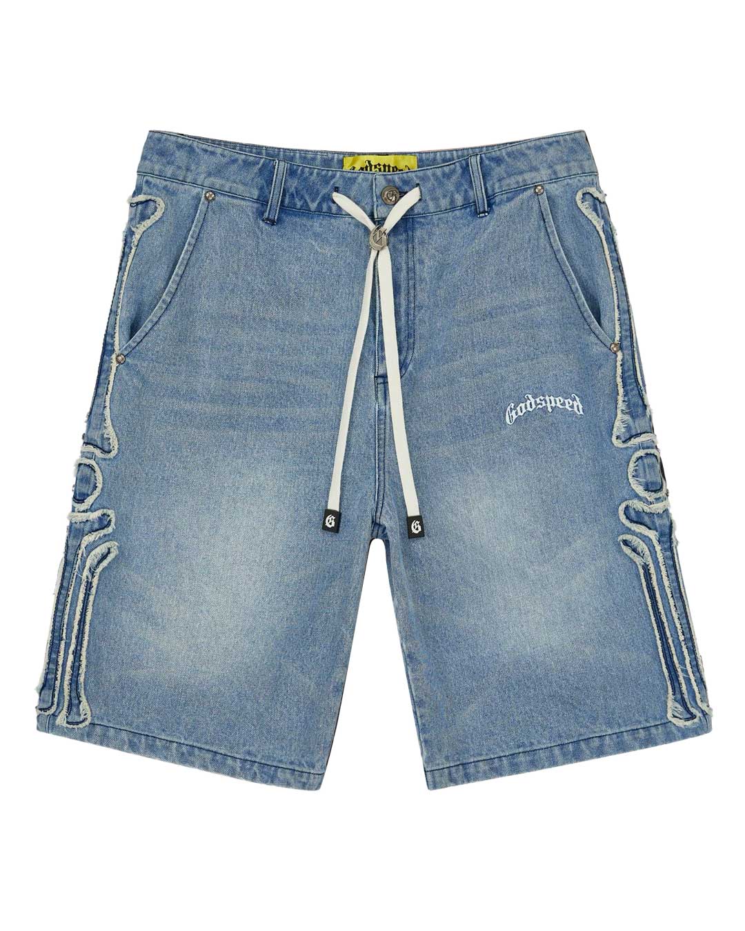 Godspeed Femur Frayed Denim Shorts Blue, light wash denim shorts with frayed bone appliqués down the side seams and a white drawstring, front view