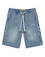Godspeed Femur Frayed Denim Shorts Blue, light wash denim shorts with frayed bone appliqués down the side seams and a white drawstring, front view