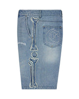 Godspeed Femur Frayed Denim Shorts Blue, side view showing the frayed femur bone appliqué running the full seam