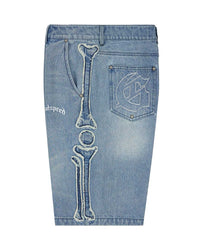 Godspeed Femur Frayed Denim Shorts Blue, side view showing the frayed femur bone appliqué running the full seam