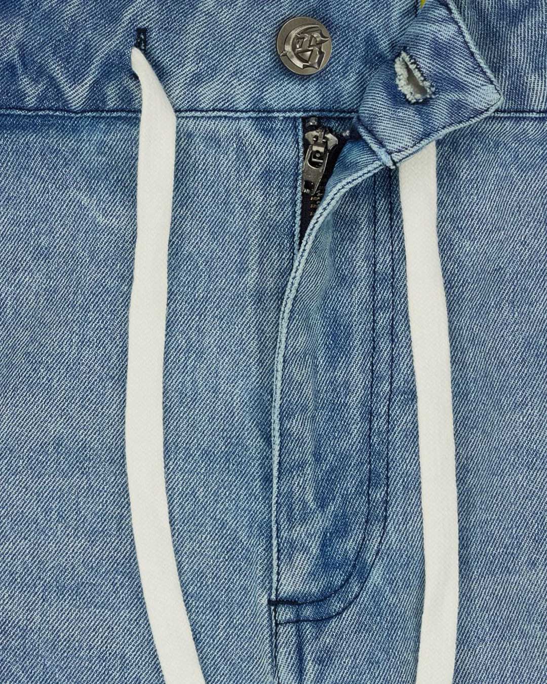 Godspeed Femur Frayed Denim Shorts Blue, close-up of the zipper fly and drawstring waistband