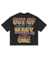 Godspeed Finally Tee black, back view with OUT OF MANY, ONE in 3D block letters