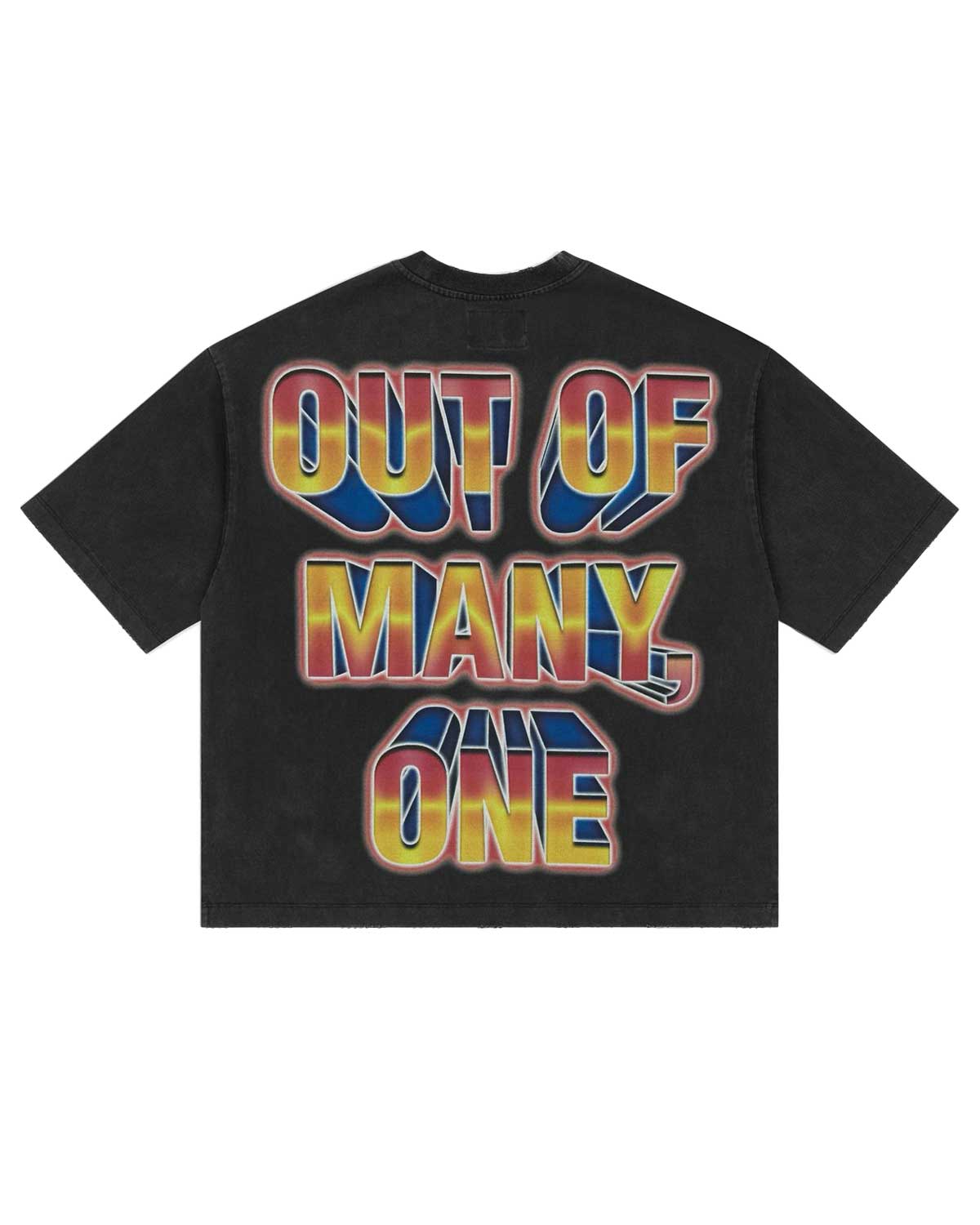 Godspeed Finally Tee black, back view with OUT OF MANY, ONE in 3D block letters