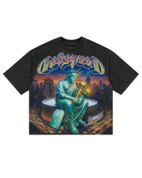 Godspeed Finally Tee black, cotton tee with Statue of Liberty and gold trophy arena graphic, front view