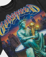 Godspeed Finally Tee black, close-up of the gothic Godspeed logo and Statue of Liberty graphic