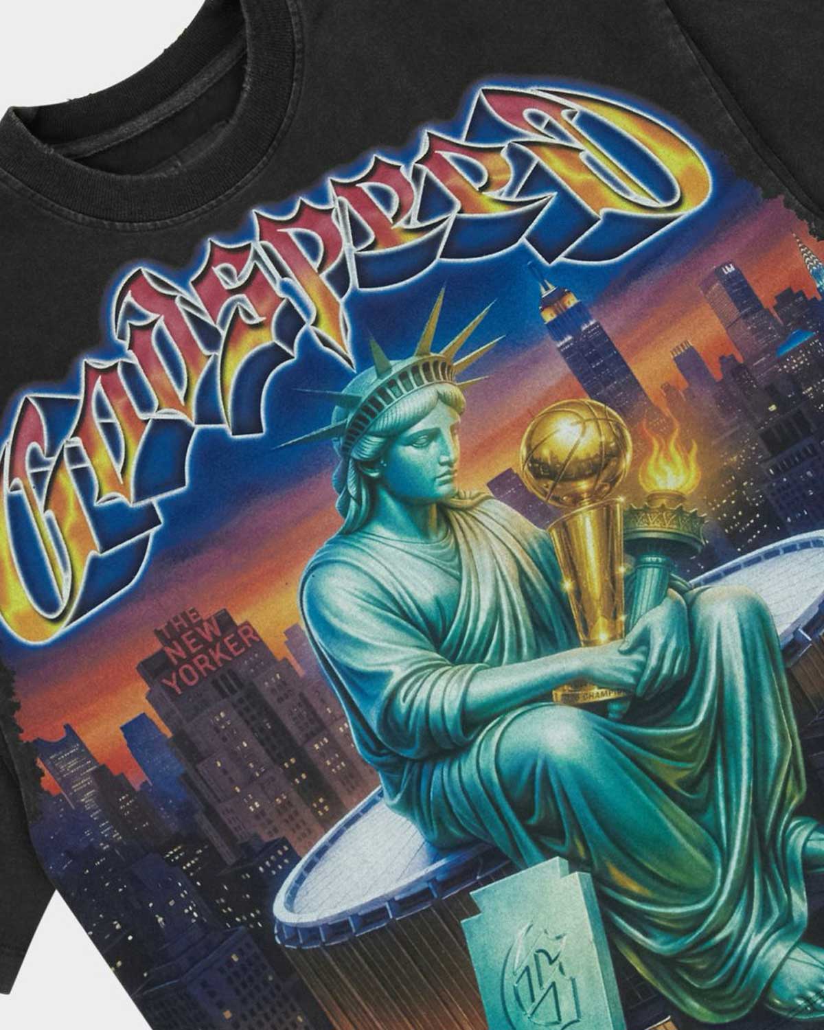 Godspeed Finally Tee black, close-up of the gothic Godspeed logo and Statue of Liberty graphic