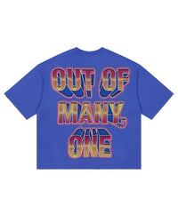 Godspeed Finally Tee Blue, back view with OUT OF MANY, ONE in red and gold 3D block letters