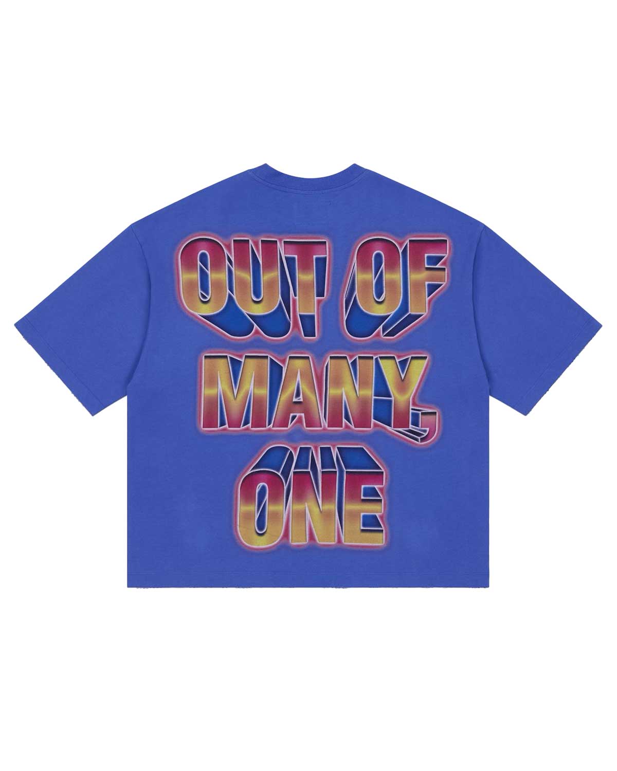Godspeed Finally Tee Blue, back view with OUT OF MANY, ONE in red and gold 3D block letters
