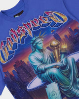 Godspeed Finally Tee Blue, side view of the royal blue tee