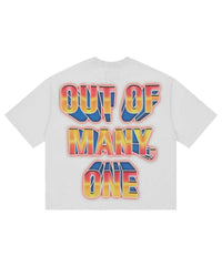 Godspeed Finally Tee white, back view with OUT OF MANY, ONE in 3D block letters