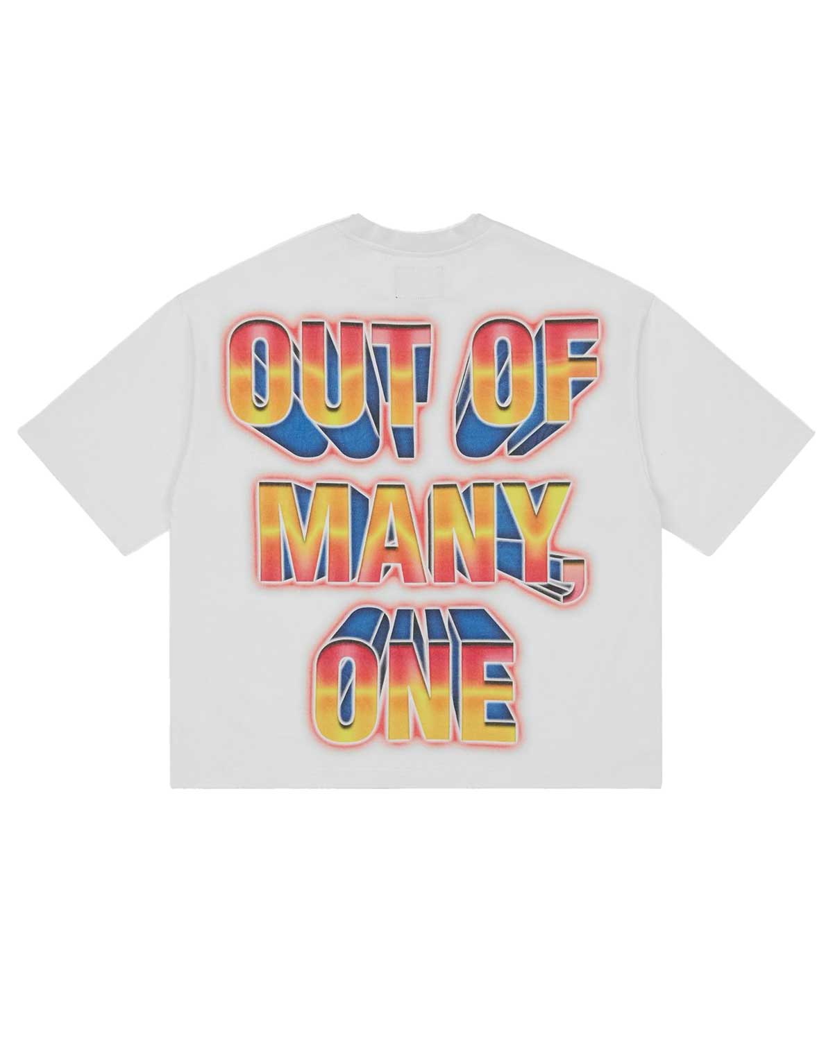 Godspeed Finally Tee white, back view with OUT OF MANY, ONE in 3D block letters