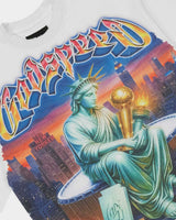 Godspeed Finally Tee white, close-up of the gothic Godspeed logo and Statue of Liberty graphic