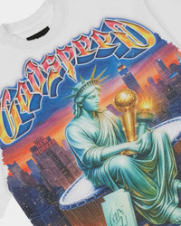Godspeed Finally Tee white, close-up of the gothic Godspeed logo and Statue of Liberty graphic
