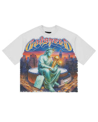 Godspeed Finally Tee white, cotton tee with Statue of Liberty and gold trophy arena graphic, front view