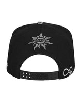 Godspeed Forever Insignia Hat black/red, back view with a silver sun-and-eye crest above the snapback strap