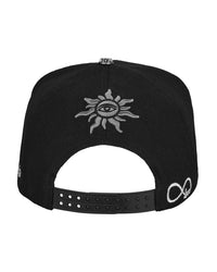 Godspeed Forever Insignia Hat black/red, back view with a silver sun-and-eye crest above the snapback strap