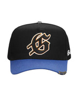 Godspeed Forever Insignia Hat blue/orange, black cotton snapback with a royal blue brim and orange-outlined gothic G, front view