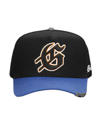 Godspeed Forever Insignia Hat blue/orange, black cotton snapback with a royal blue brim and orange-outlined gothic G, front view
