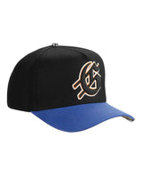 Godspeed Forever Insignia Hat blue/orange, side view of the black crown and blue brim