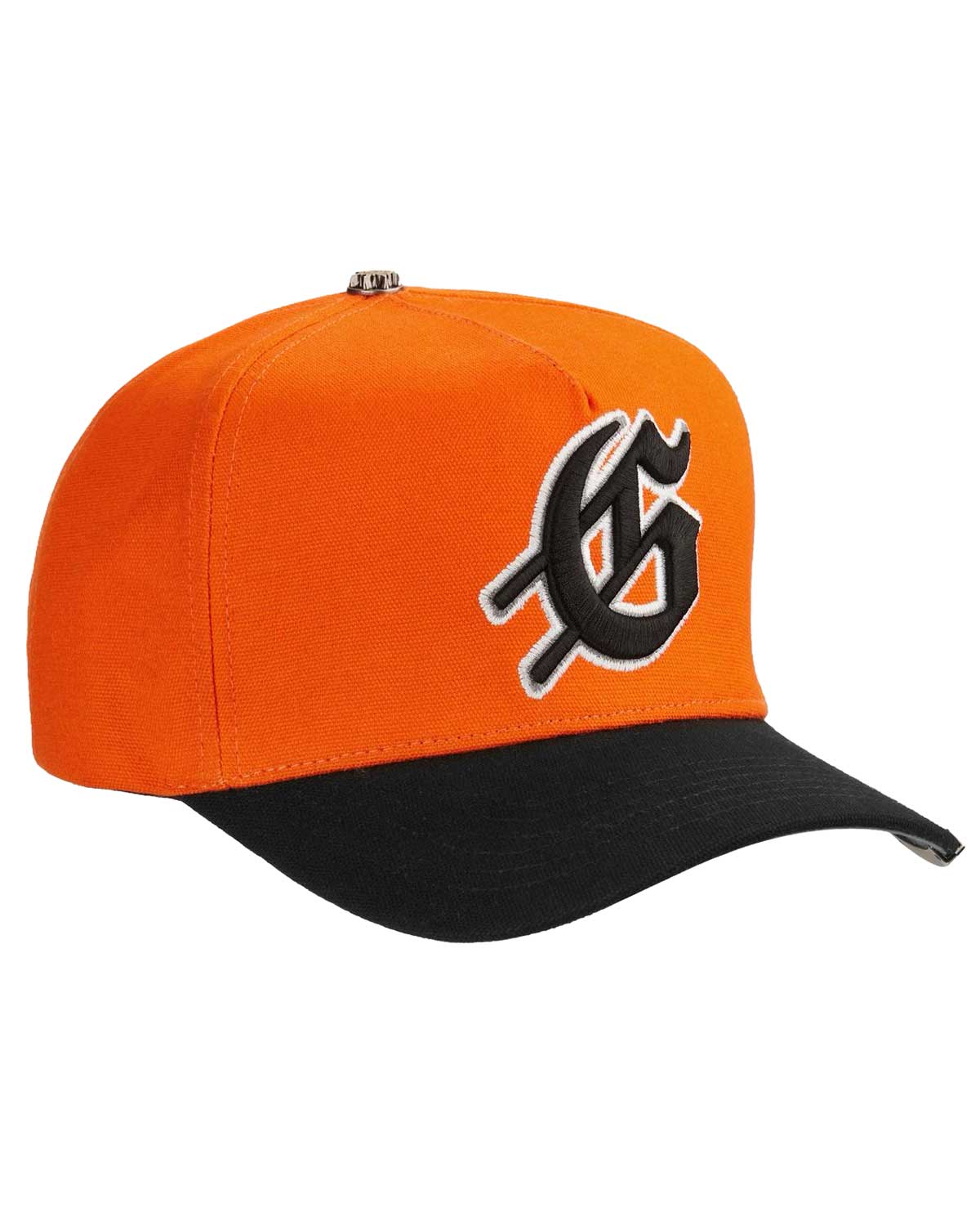 Godspeed Forever Insignia Hat orange/black, side profile of the two-tone cap