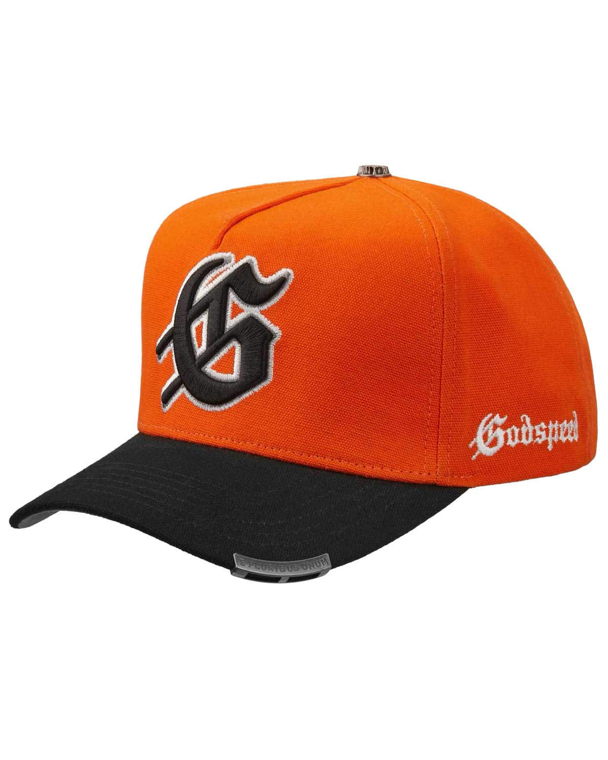 Godspeed Forever Insignia Hat orange/black, side view of the orange crown and black brim