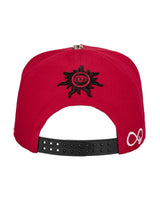 Godspeed Forever Insignia Hat red/black, back view with a black sun-and-eye crest above the snapback strap