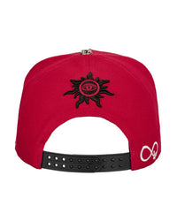 Godspeed Forever Insignia Hat red/black, back view with a black sun-and-eye crest above the snapback strap