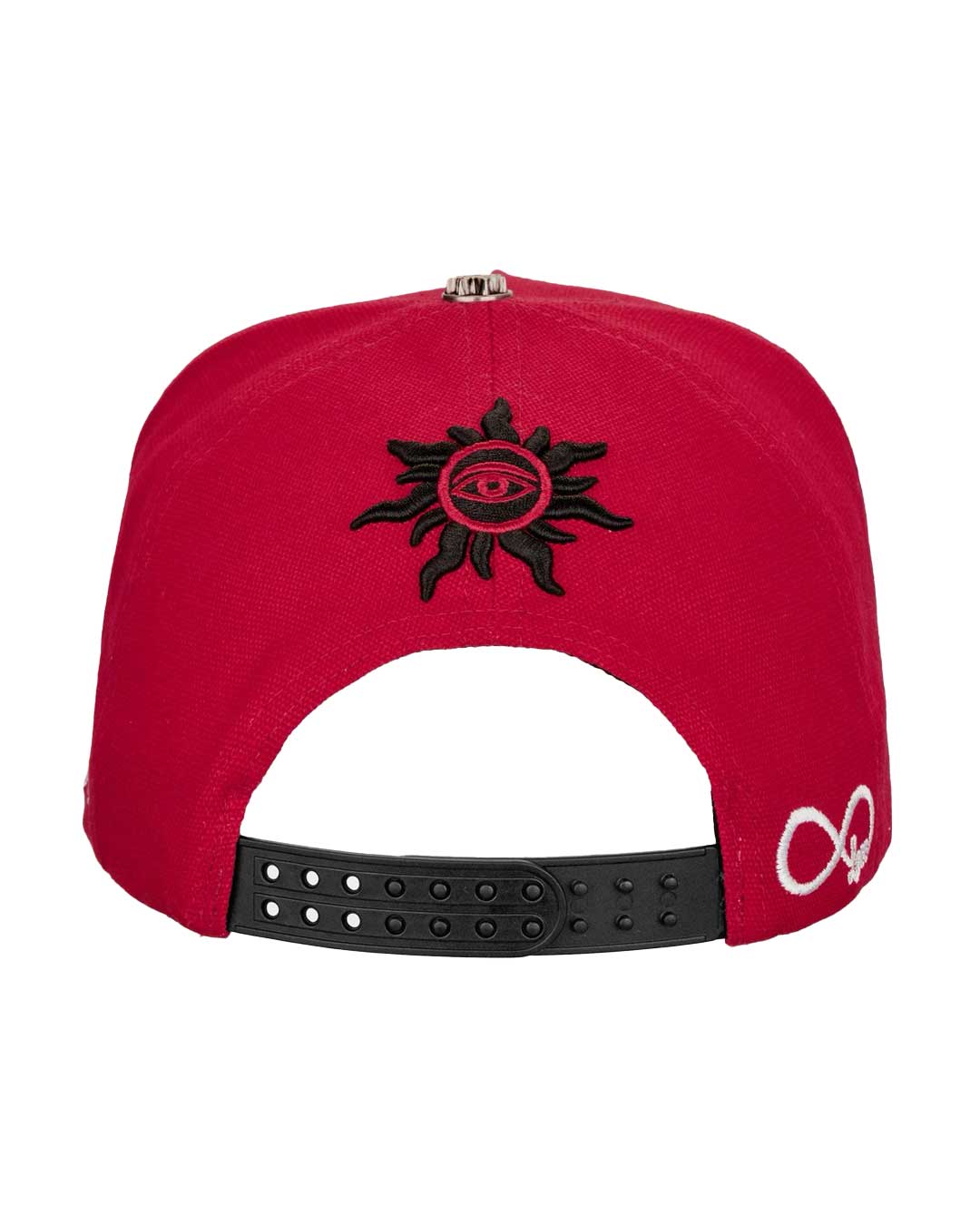 Godspeed Forever Insignia Hat red/black, back view with a black sun-and-eye crest above the snapback strap