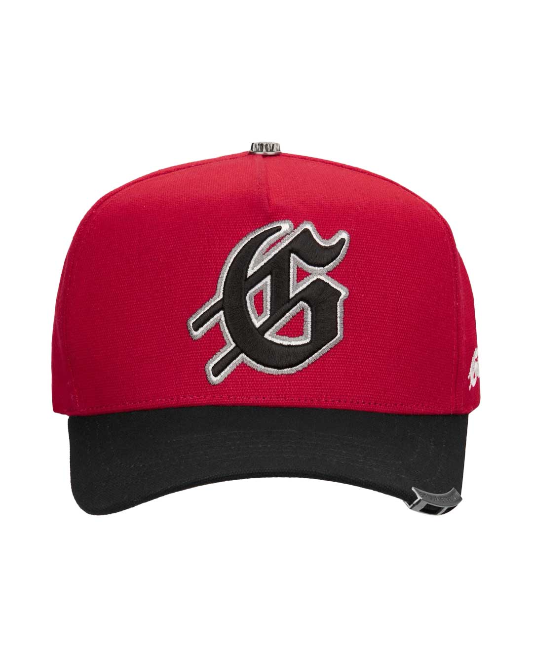 Godspeed Forever Insignia Hat red/black, red cotton snapback with a black gothic G insignia and black brim, front view