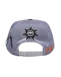 Godspeed Forever Trucker Hat Grey/Dark Green, back view showing the mesh panels and snapback closure