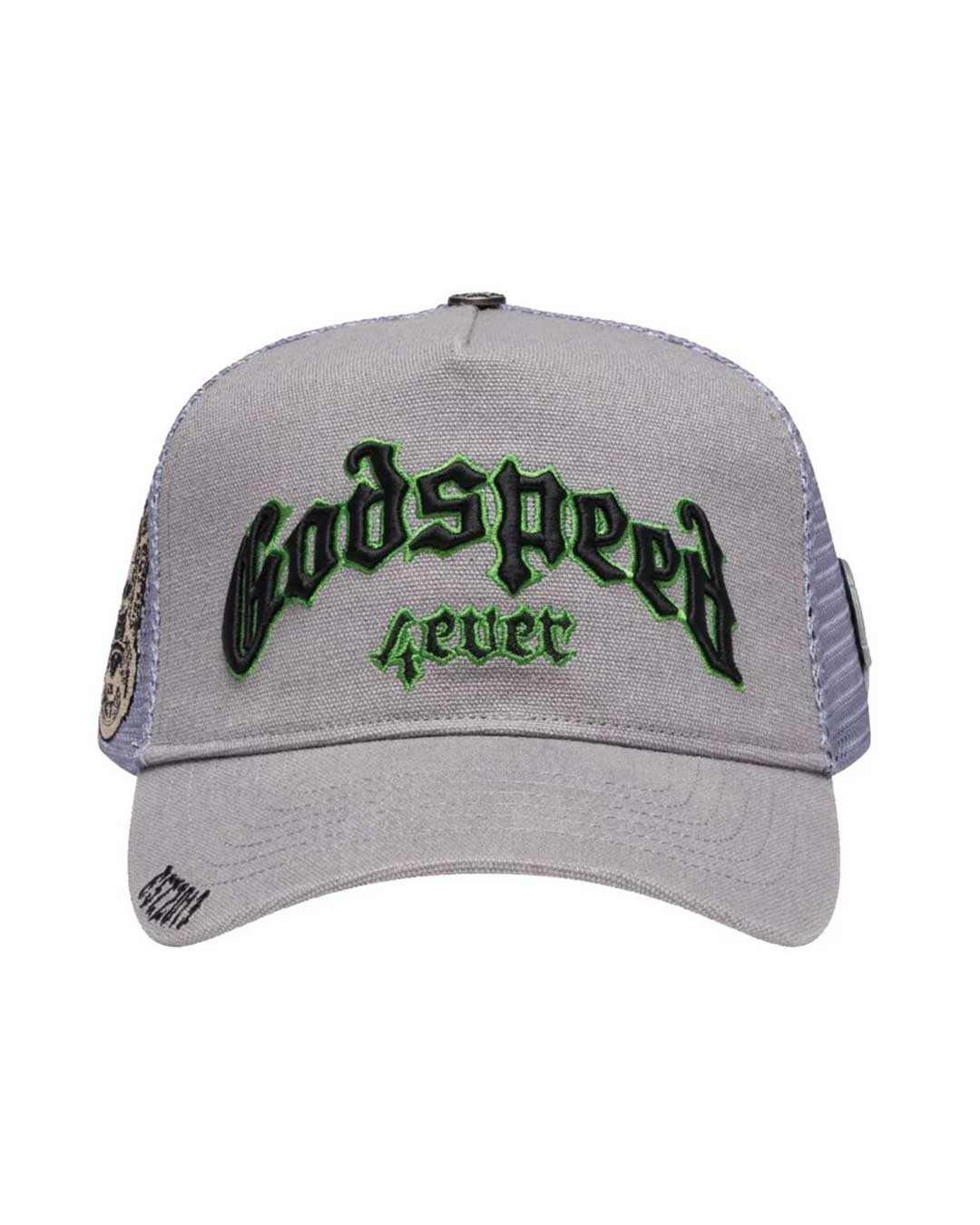Godspeed Forever Trucker Hat Grey/Dark Green, grey mesh-back trucker cap with raised dark green gothic Godspeed 4ever embroidery, front view