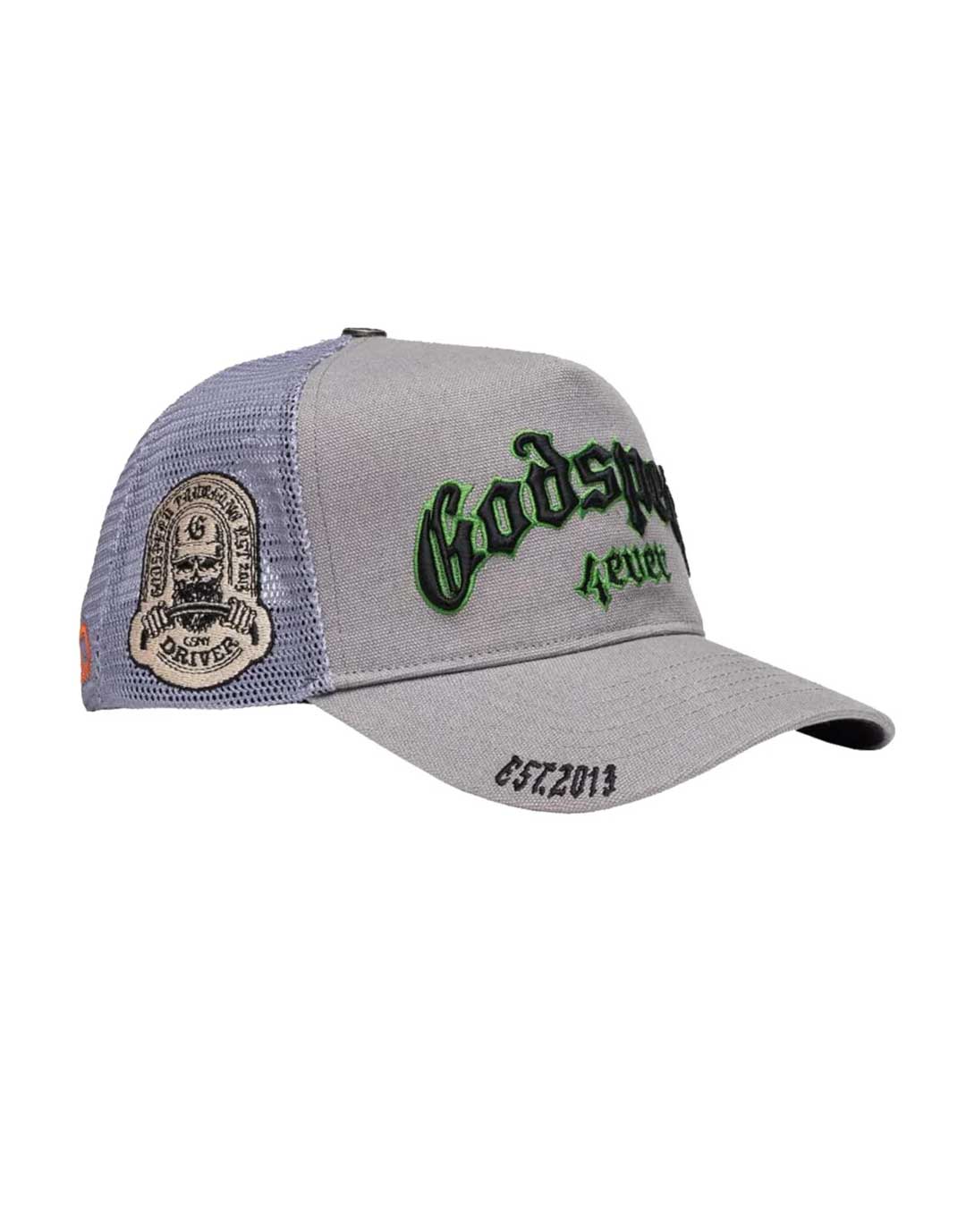 Godspeed Forever Trucker Hat Grey/Dark Green, side view showing the mesh back panel and curved brim