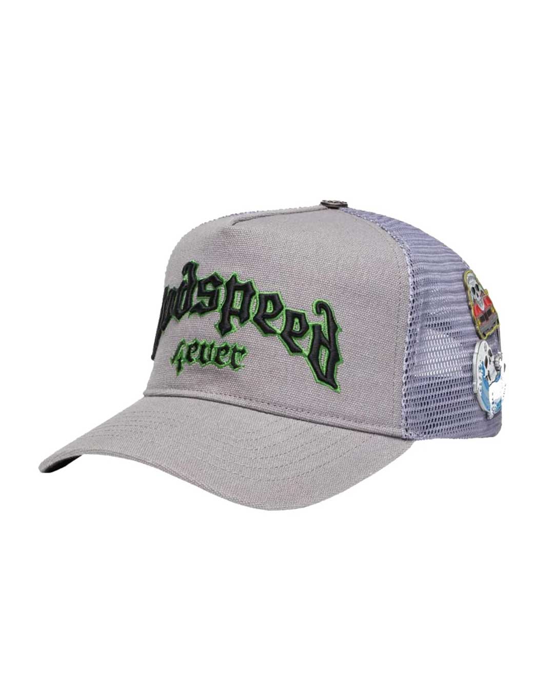 Godspeed Forever Trucker Hat Grey/Dark Green, opposite side view showing the crown and brim profile