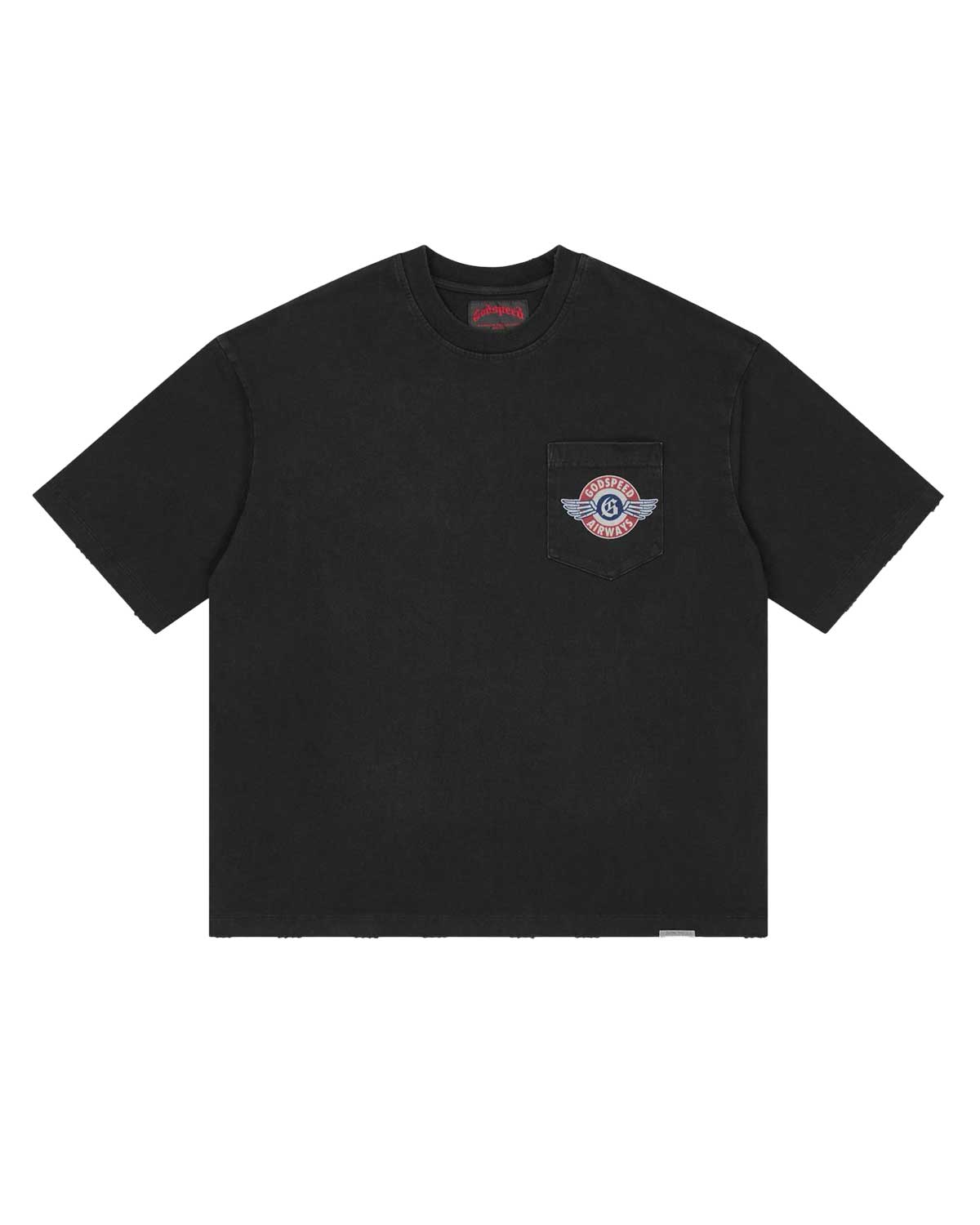 Godspeed GS Air NYC Pocket Tee Black, black pocket tee with a winged GODSPEED AIRWAYS roundel on the chest pocket, front view