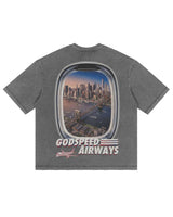 Godspeed GS Air NYC Pocket Tee grey, back view with the Manhattan skyline framed in an airplane window