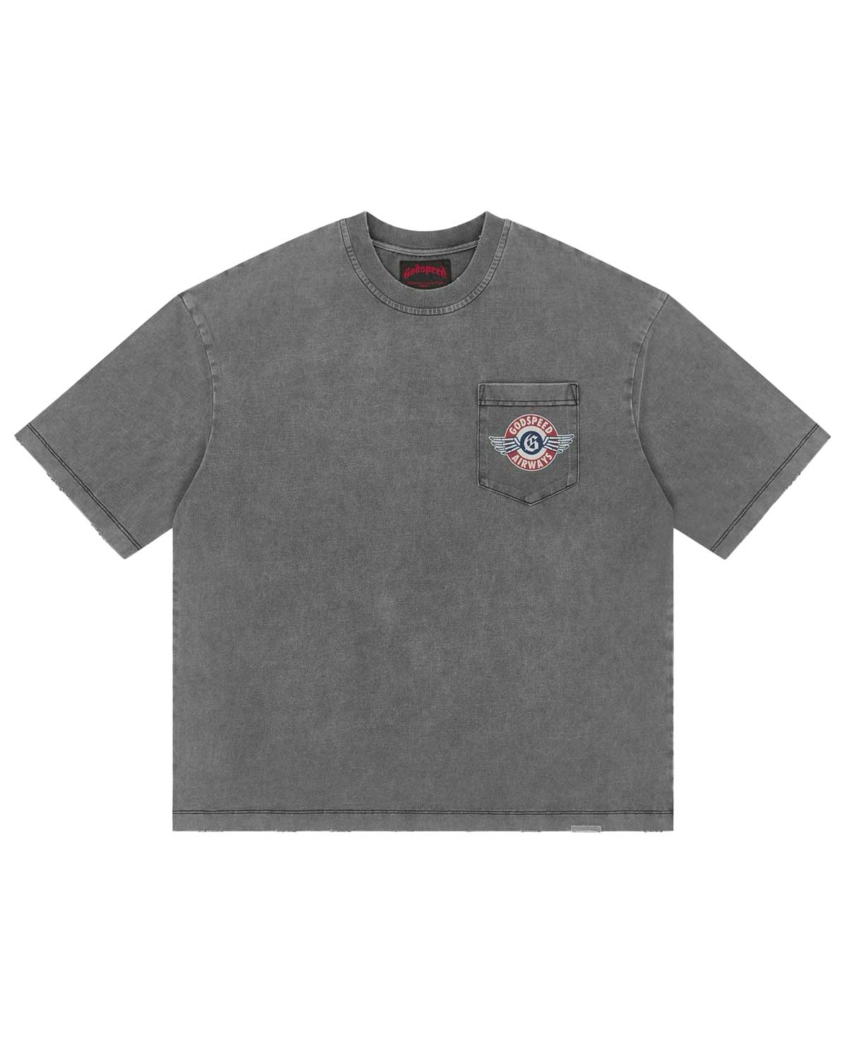 Godspeed GS Air NYC Pocket Tee grey, washed cotton pocket tee with a GODSPEED AIRWAYS roundel, front view