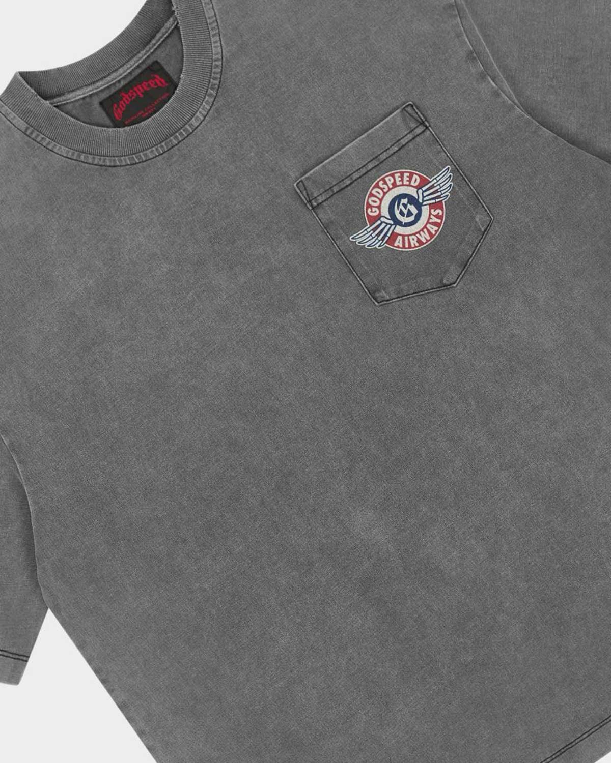 Godspeed GS Air NYC Pocket Tee grey, close-up of the winged GODSPEED AIRWAYS chest pocket patch