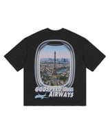 Godspeed GS Air Paris Pocket Tee Black, back view with the Eiffel Tower framed in an airplane window