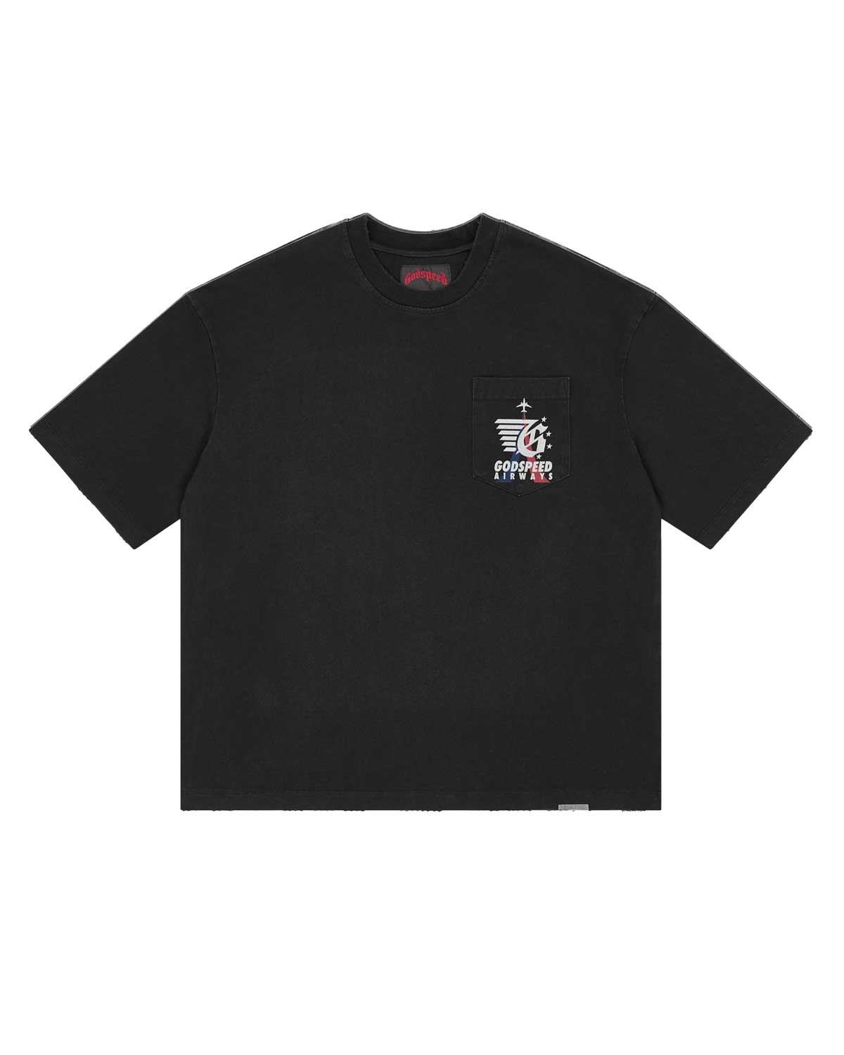 Godspeed GS Air Paris Pocket Tee Black, black pocket tee with a winged GODSPEED AIRWAYS chest pocket logo, front view