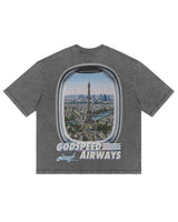 Godspeed GS Air Paris Pocket Tee grey, back view with the Eiffel Tower framed in an airplane window