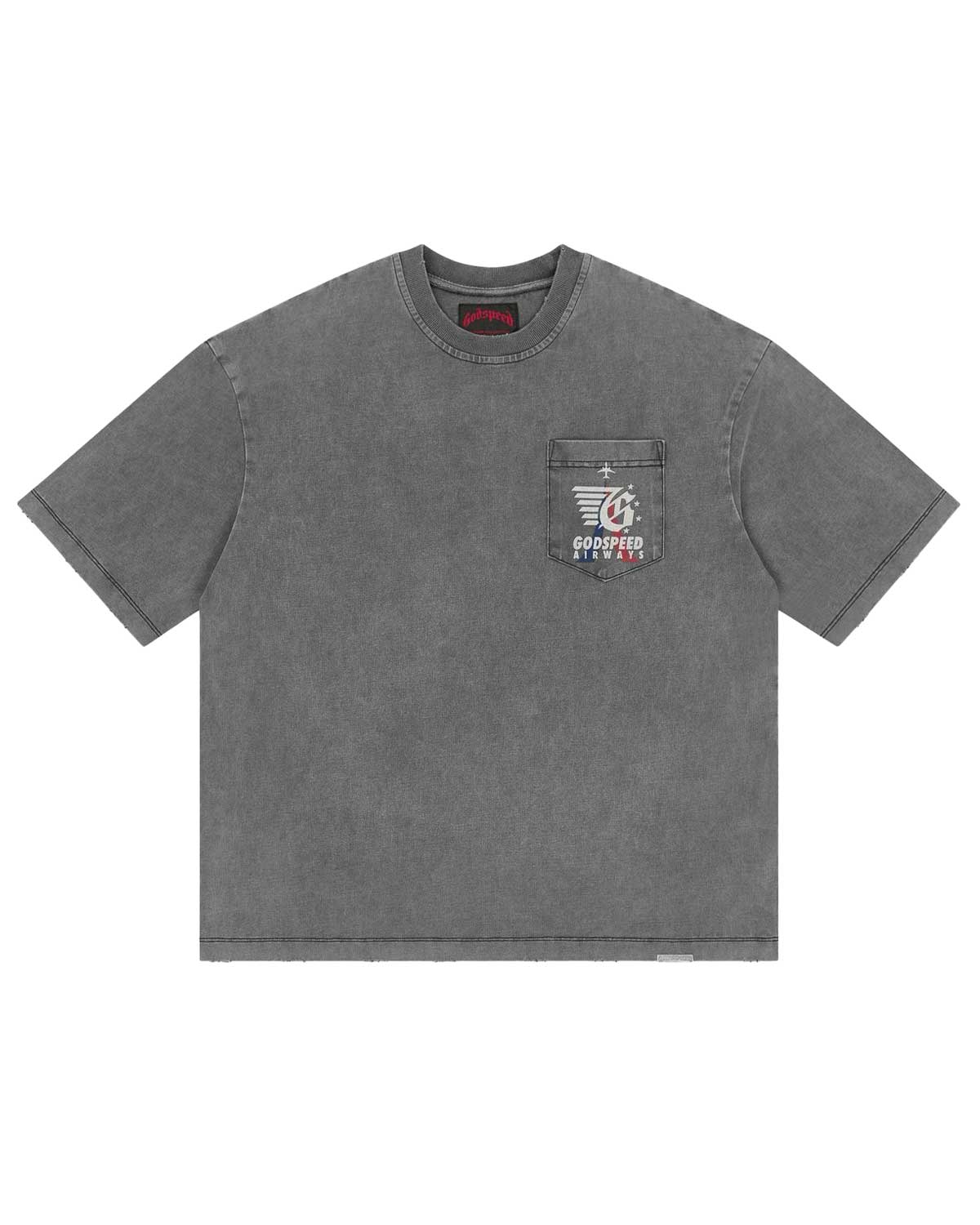 Godspeed GS Air Paris Pocket Tee grey, washed cotton pocket tee with a GODSPEED AIRWAYS logo, front view